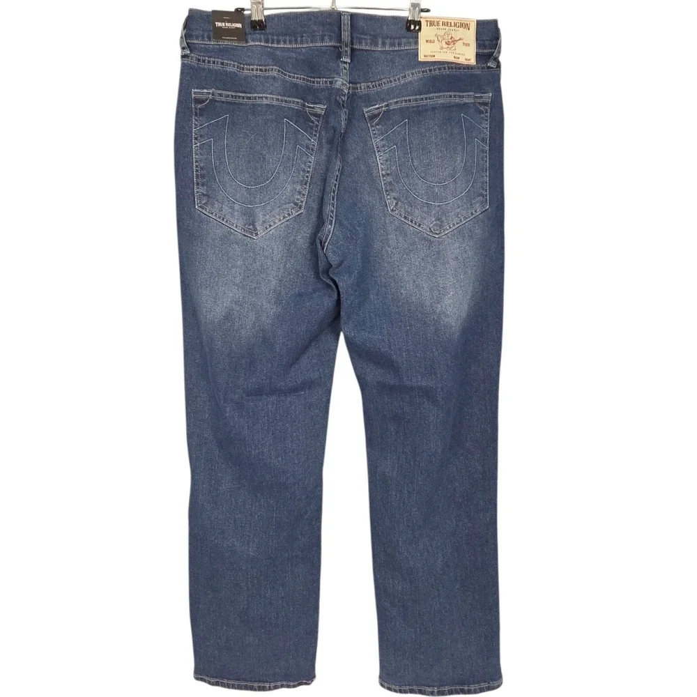 True Religion Bobby Relaxed Baggy Jeans Mens 33x32 Blue Applique Medium Wash NEW